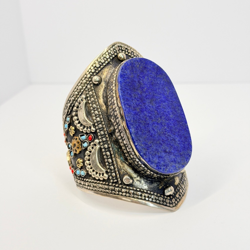 Vintage Blue Lapis Lazuli Kuchi Tribal Cuff Bracelet Mixed-metal Ornate 70s Boho